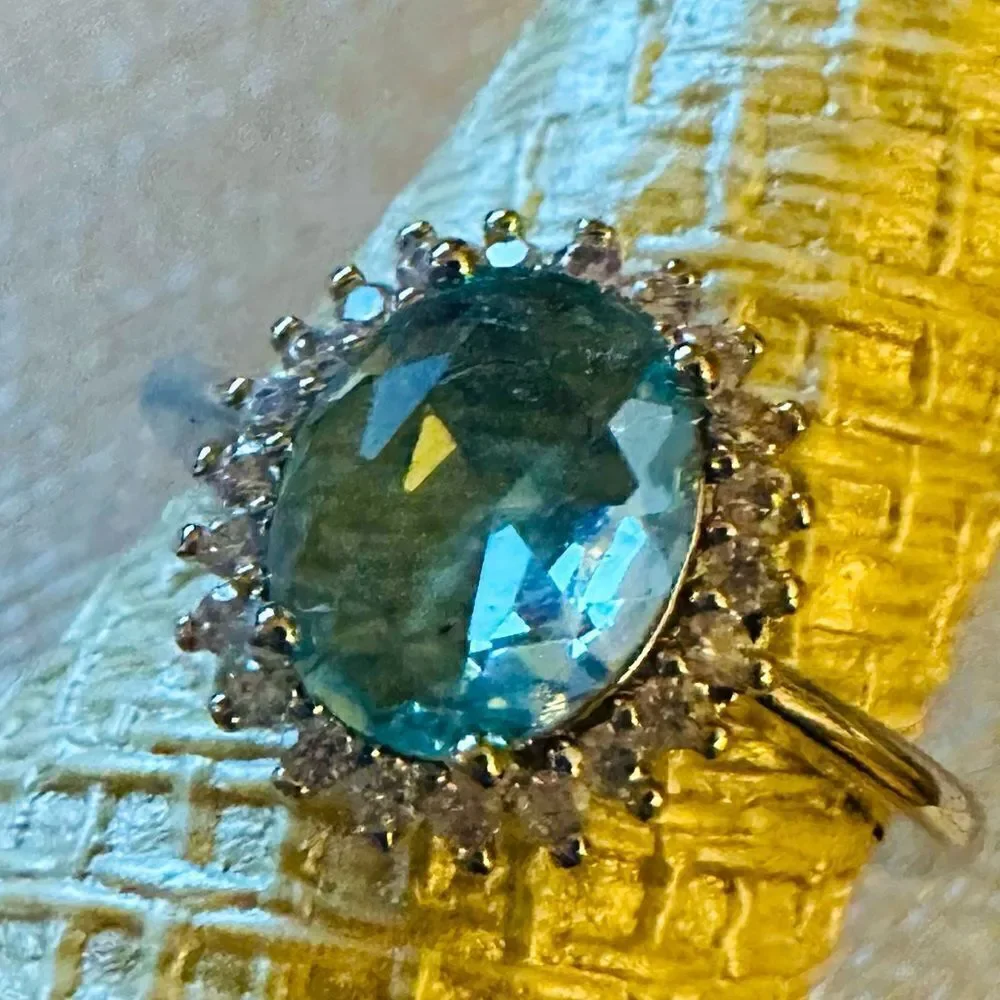 NATURAL AQUAMARINE 925 HALO RING LIGHT BLUE ROUND ART DECO STATEMENT RING